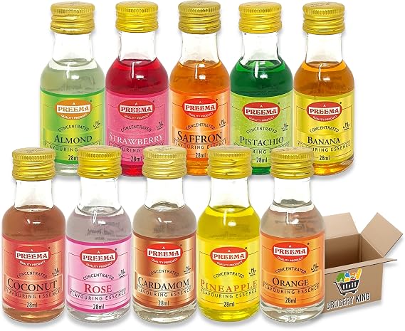 Flavour Essence 28ml | Pack Of 8 | Rose, Strawberry, Pistachio, Orange, Coconut, Banana, Pineapple, Saffron, Cardamon, Almond (Random Flavours Sent ) Grocery King