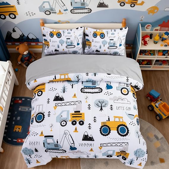Boy Full Bedding Set, Construction Truck Excavator Comforter Set with Sheet
