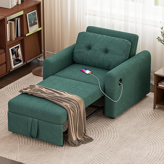 Single Sofa Bed Chair, 3-in-1 Convertible Pull Out Sofa Bed, Green