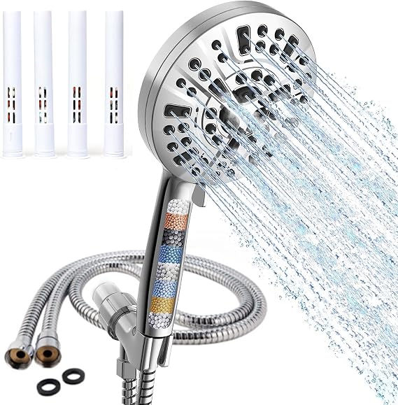 10 Function Powerful Hand Held High Pressure Shower Head and Hose Set Jet Spray Massage Mist Rinse Mode Filtered Shower Head (and 4 Extra Filters) and 1.5M Hose