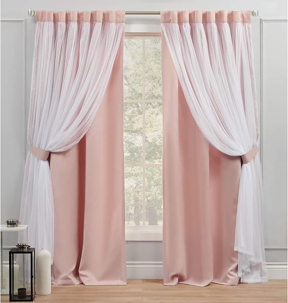 Exclusive Home Curtains Catarina Layered Solid Blackout and Sheer Hidden Tab Top Curtain Panels, 52x84, Rose Blush