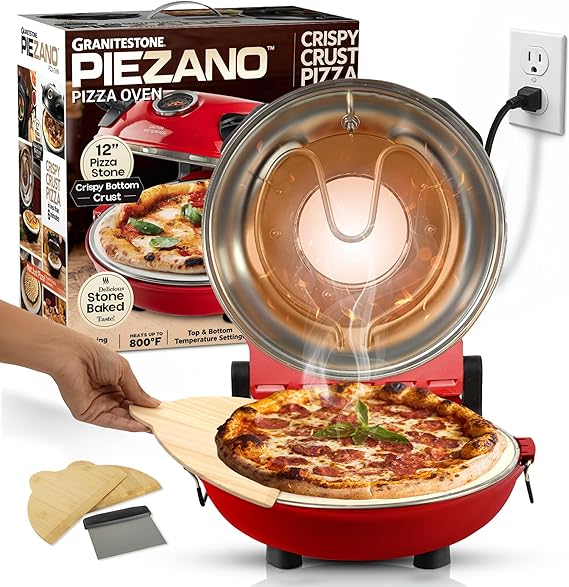 PIEZANO Crispy Crust Pizza Oven by Granitestone 12 Inch Electric Pizza Oven Indoor Countertop Maker with Ceramic Stone Heats up to 800 F for Delicious Stone Baked Pizzeria Style Pizza at Home