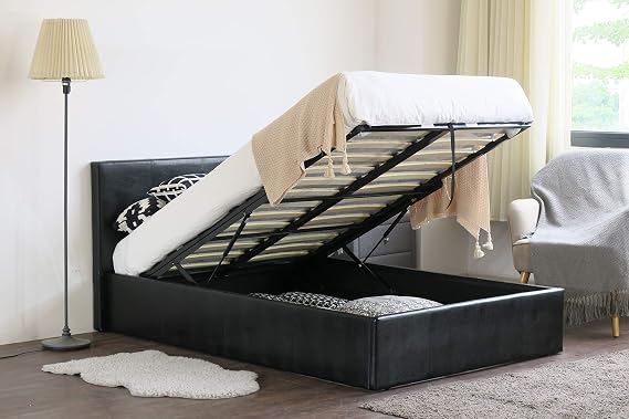 MODERNIQUE Bilancio Ottoman Storage BLACK Faux_Leather Single (3FT) Bounce Sprung Slats Base, Gas Lift up End Up Fabric Covered Floor Massive Storage Bed (Black, Single (3FT))