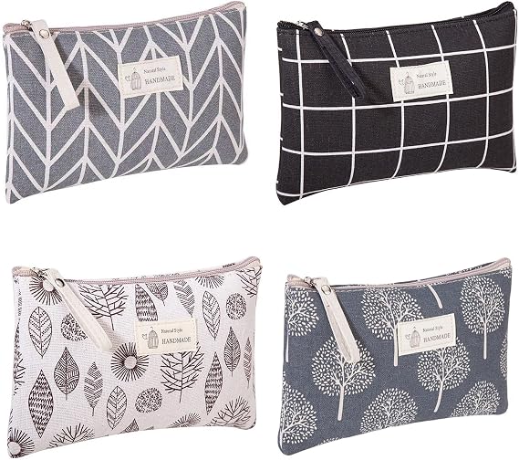 Canvas Cosmetic Bag, 4 PCS Printed Makeup Bag, Pouch with Zipper Small Make Up Bag Multifunctional Travel Toiletry Bag for Travel, Indoor Use, Tree, Grey Arrow