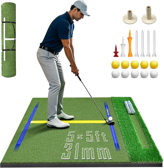 Golf Hitting Mat 5x5ft, 31mm Dual-Turf Golf Mat Practice Outdoor & Indoor