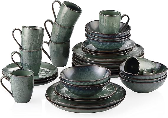 vancasso Starry 32 Pieces Green Round Stoneware Dinner Set, Kiln Change Glaze Serving Set with Dinner Plates, Dessert Plates, Bowls and Mugs Service for 8