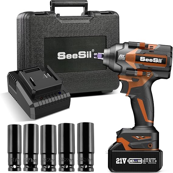 Seesii Cordless Impact Wrench, Brushless Impact Wrench Max Torque 360Nm, 3200RPM with 2x 4.0Ah Battery, 7 Sockets, 8 Drill, 6 Screws Electric Power Impact Wrench Kits for Car Home