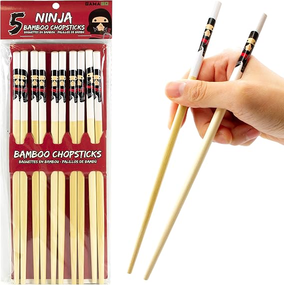 Gamago Ninja Bamboo Chopsticks Set - 5 Pairs of Adorably Cute Reusable Chop-sticks - Easy Grip, Lightweight, Durable, 9.25 Inches, Red