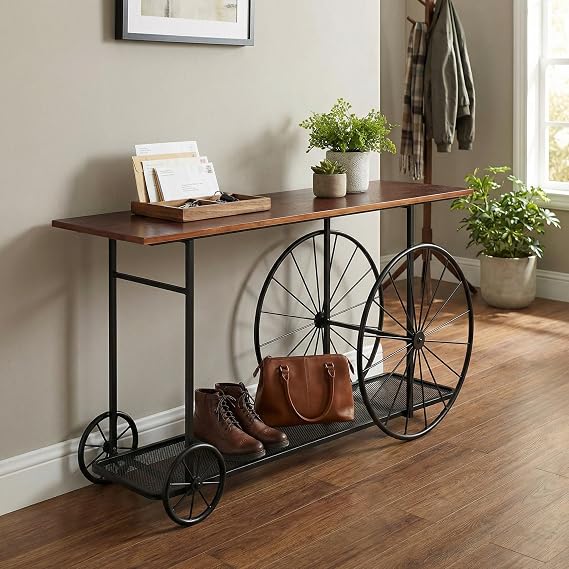 Topower Industrial Style Double Layer Iron Cart Wooden Desktop Center Table, Farmhouse Coffee Table with Wheels for Living Room, Entryway, Coffee Shop, Black