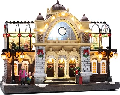 Valery Madelyn Christmas Village Decorations, 2 Levels Union Station with Lights, Battery Operated Xmas Figurine Musical House Snow Scenes Gift for Christmas Indoor Home Decorations, 12.8 Inch