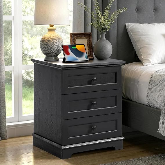 20" Modern Nightstand Charging 3 Drawers End Table Bedroom Office Black