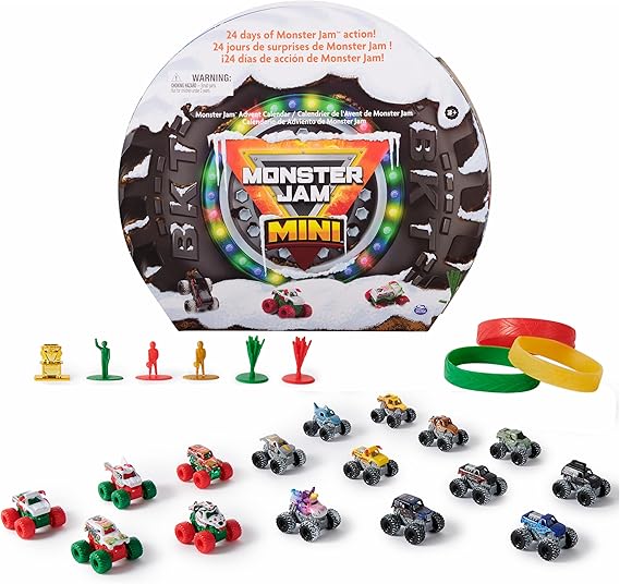 Monster Jam Mini Holiday Advent Calendar, 24 Days of Mini Monster Trucks and Accessories, 1:87 Scale, Kids Toys for Boys and Girls Ages 3 and up