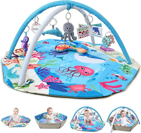 Baby Gym Play Mat, 8-in-1 Tummy Time Mat with Detachable Sensory Toys