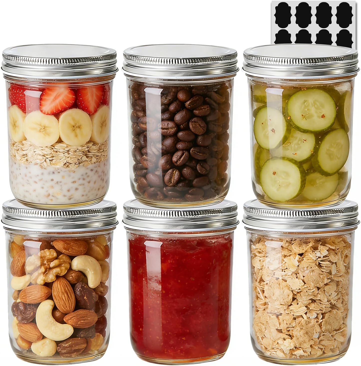 ComSaf Mason Jars with Lids 480ml/16oz 6 Pack, Airtight Glass Jars with Lids, Canning Jars for Pickling Jam Chutney, Overnight Oats Jar for Breakfast & Salad, Glass Container for Dry Food Storage