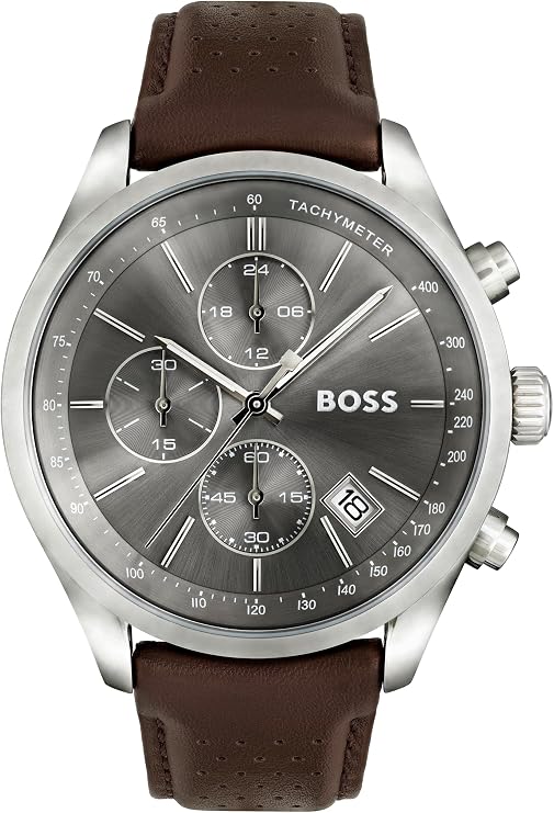 BOSS Men's Grand Prix Chronograph Quartz Watch with Leather Strap, Black, Fashion