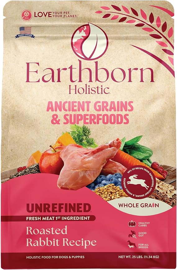 Earthborn Holistic Unrefined with Grains Roasted Rabbit Dry Dog Food 25 lb