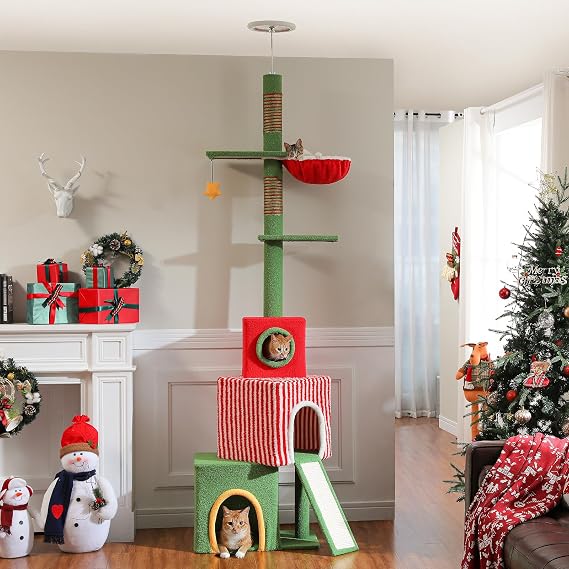 PETEPELA Christmas Cat Tree for Large Cats, Floor to Ceiling Cat Tower with Adjustable Height(83"-108.7"), Tall Cat Climbing Tower with Large Condos, Scratching Posts & Ramp, Plush Hammock and Cat Toy