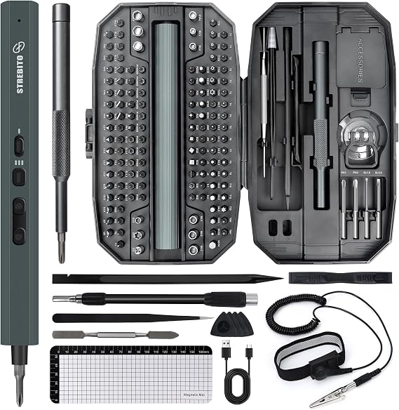 STREBITO Mini 155 in 1 Electric Precision Screwdriver Set Black And Anti Static Wrist Strap