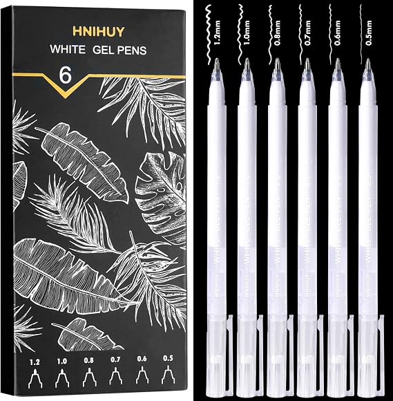 White Gel Pens, 6 Size Opaque White Ink Pens for Black Paper