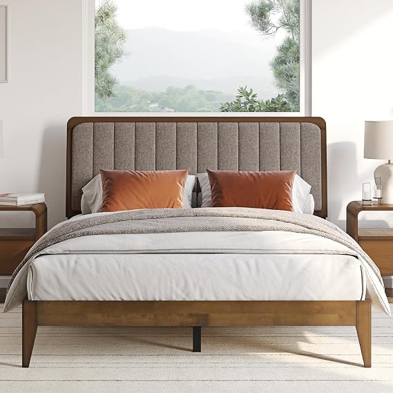 DG Casa Raven Solid Wood King Size Bed Frame - Mid Century Modern Style, Platform with Tufted Upholstered Adjustable Height Headboard, No Box Spring Required, Walnut Finish, Brown Fabric
