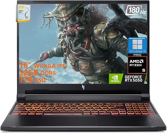 Acer Nitro V 16 AI Gaming Laptop | 16" WUXGA IPS 180Hz | AMD 6-Core Ryzen 5 240 | 32GB DDR5 1TB SSD | GeForce RTX 5050 8GB DLSS4 (Up to 440 AI Tops) | Backlit Keyboard Win11 Pro w/DLCA Accessory