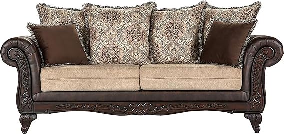 Coaster Home Furnishings - Elmbrook - Rolled Arm Stationary Sofa with Faux Leather Upholstery, Ornate Carvings and Brown Accent Pillows - Traditional - Living Room - Brown - 508571