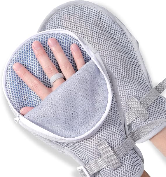 lefeke Medical Restraint Gloves - 2Pcs, Hand Protective Gloves Zip-Up for Dementia Patients or Elderly, Bed Restraints Mitts, Limb Holder, Movement Limited Ties for Big Hands (Gray-Zip-L)