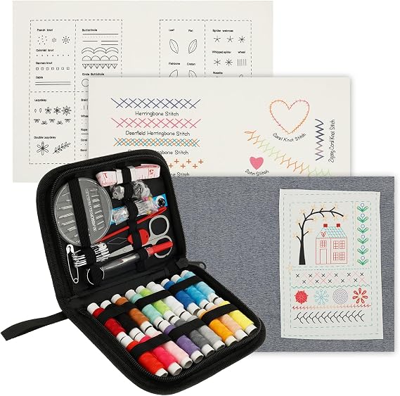 Embroidery Stitch Book for Beginners and Adults, DIY Sewing Book with Needle Thread Tool, Compact Portable for Home Travel Use, Craft Kit for Needlepoint Cross Stitch Patterns Hand Embroidery Learning