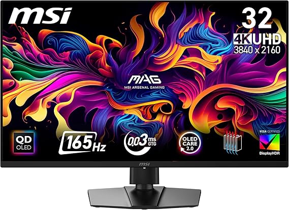 MSI 31.5" MAG 322UP QD-OLED E16, Gaming Monitor, UHD, 16:9, Flat, QD-OLED, 165Hz, 0.03ms, Freesync Premium Pro, Pivot