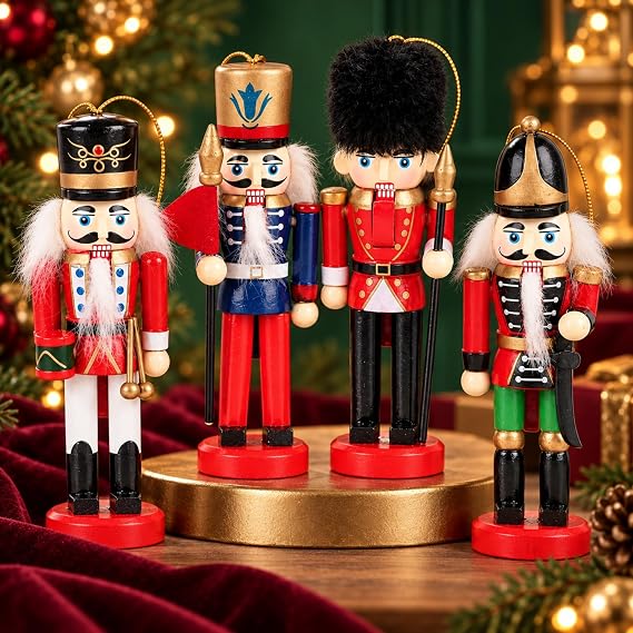 Coverzone 4’lü Ahşap Nutcracker Fındıkkıran Kurşun Asker Seti, 13 cm Asılabilir Yılbaşı Ağacı Süsü, Dekoratif Noel Figürü, Masaüstü Raf Ev Ofis Yılbaşı Dekoru, MZ-TH5