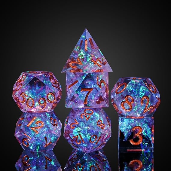 7-Die Sharp Edges Dice Mirror DND Dice with Glitter Inclusions, Polyhedral Dice for D&D Dungeons and Dragons Tabletop RPG Game, Starry Sky(pink With Blue)