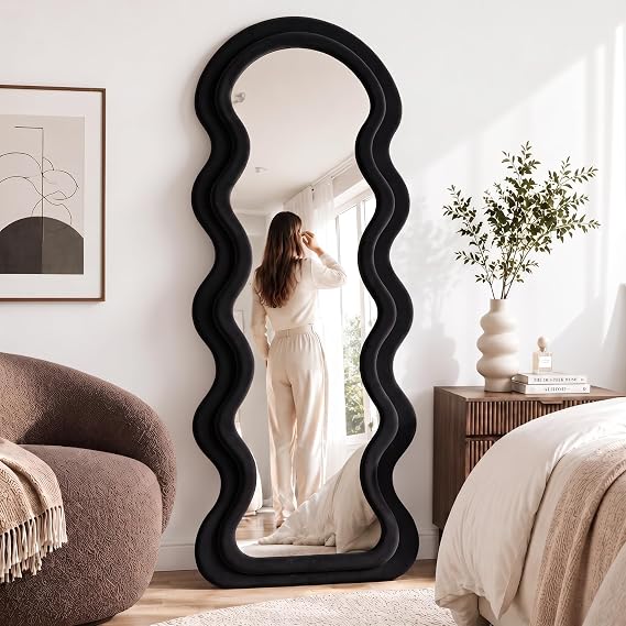 BOJOY Full Length Wavy Mirror, 63"x24", Arched Floor & Wall Mirror - Standing, Hanging or Leaning - Flannel Wrapped Wooden Frame - Black