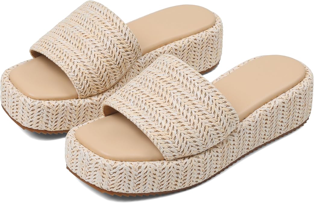 EQAUDES Platform Sandals Women Summer Beach Wedge Espadrille Raffia Slides