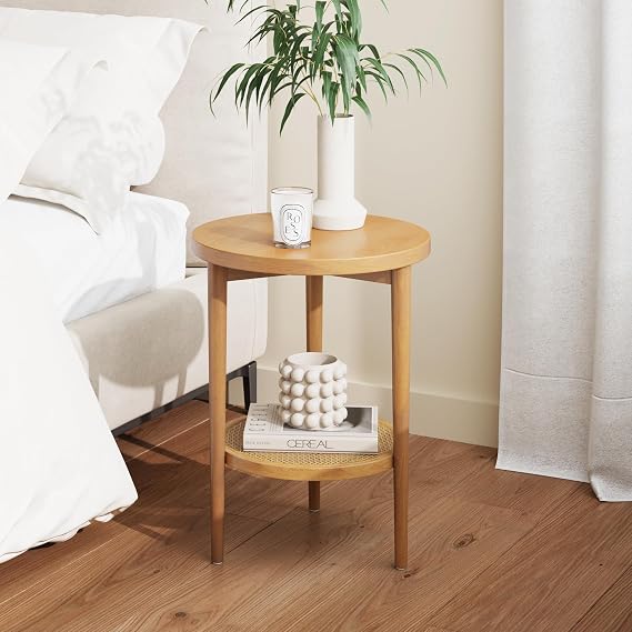 Nathan James Sonia Boho Round Accent End Table, Natural Sofa Side Table in Light Wood with Rattan Storage Shelf for Living Room, Bedroom or Nursery, Light Brown