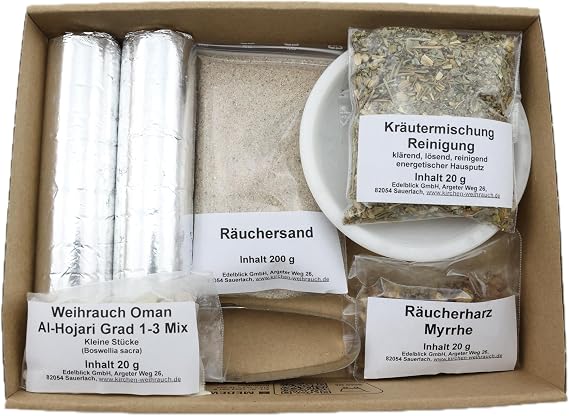 Incense Set "House Cleaning" – 9 Pieces – Herbal Mixture Cleaning with Oman Al-Hojari Incense and Incense Resin Myrrh – Incense Bowl and Accessories with Instructions – Gift Box (White Soapstone Bowl)