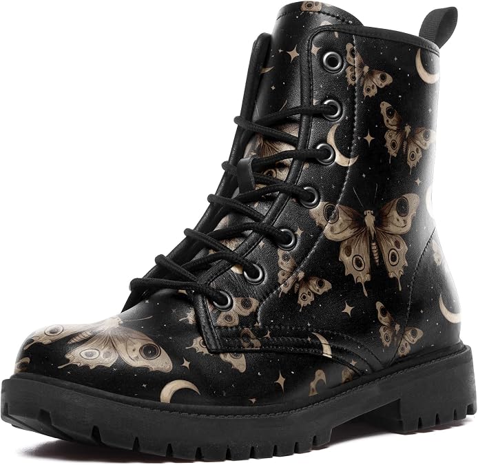 Womens Mystical Celestial Moth Combat Boots, Comfortable Star & Moon Lace-Up Ankle Boot Platform Booties