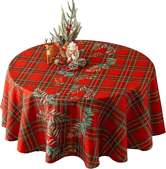 VidaFete Christmas Checkered Round Tablecloth, Red Plaid Xmas Table Cloth Polyester with Leaf Pattern, Washable Waterproof Holiday Table Cover for Xmas Dining Parties Home Decoration,60inch Round