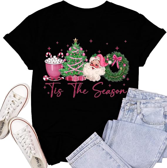 SUWATOIN Christmas Shirts for Women Merry Merry Merry Christmas T-Shirt Xmas Holiday Tee Tops