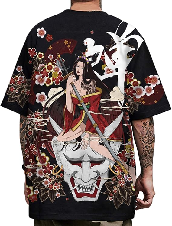 XYXIONGMAO Japanese Black Geisha Kanji Graphic Printed Tees Shirts Unisex Anime Shirt Streetwear Hip Hop T-Shirt for Men