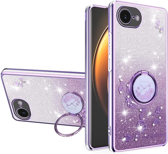 iPhone 16e用16ではありません女性用ケース、ラグジュアリーメッキ キラキラ キラキラ キラキラ フラワー 耐衝撃ケース リングスタンド付き Apple 16e.フラワーパープル