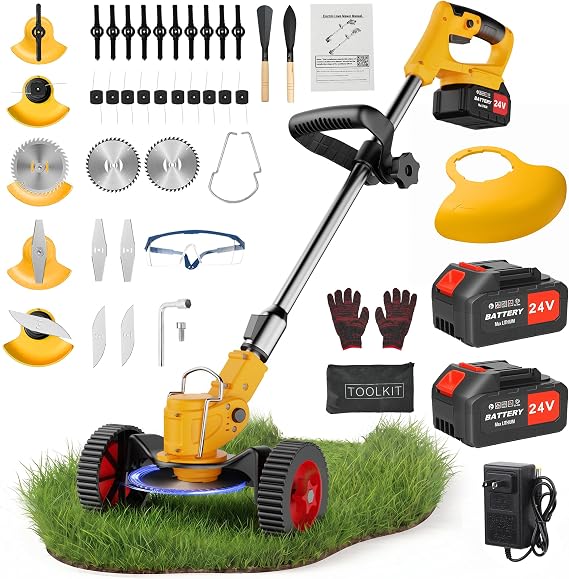 24V Cordless Weed Wacker, 2 x 4.0Ah Battery Powered Weed Eater with Wheel