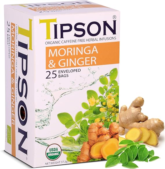 Tipson Organic Moringa Ginger Green Tea Foil Enveloped 25 Teabags of 1.5 g