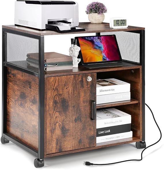 Rengue Lockable Lateral File Cabinet, Mobile Printer Stand Office Storage Organizer with Lockable Wheels & Charging Ports Height Adjustable Shelves for Home Office