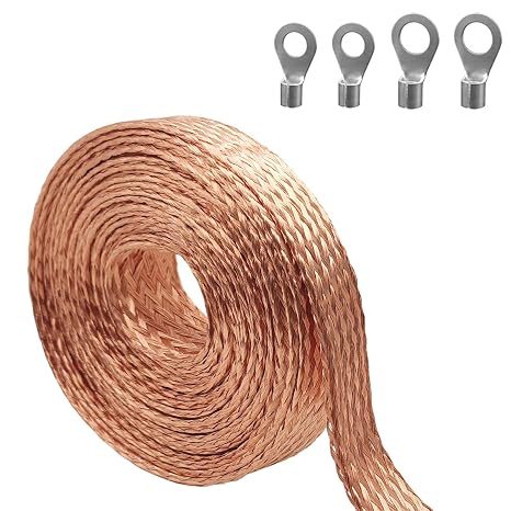 9.84ft 5/8 inch Flat Copper Braided Ground Strap Sleeving Expandable Metal Sheath Screening Signal Wire Cable Shielded with Rings Terminal