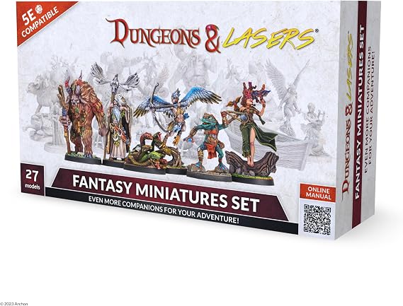 Dungeons & Lasers Archon Studio Fantasy DND Miniatures Set - 27 Figures with Scenic Bases for 5E Compatible Tabletop RPG Games - Unpainted, Assembly Required - for Ages 14 Years and up