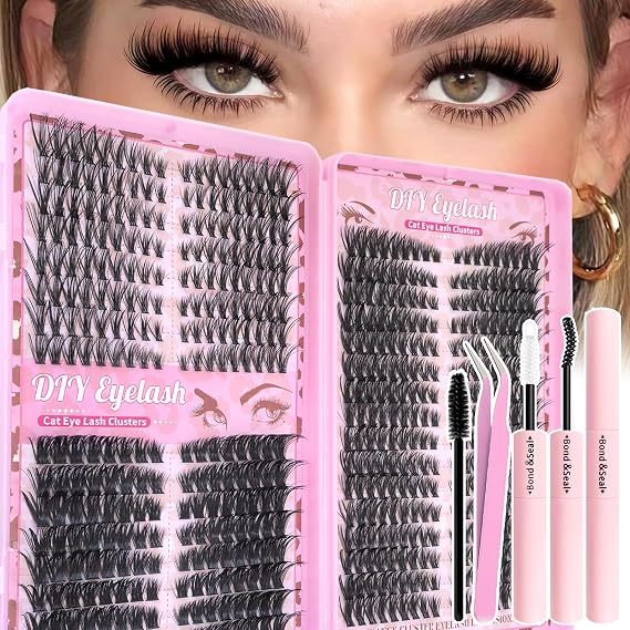 Lash Clusters Kit, Natural 560 Pcs Cluster Eyelash Extensions Kit 9-16mm Individual Lash Extensions Kit D Curl Fluffy Wispy False Eyelashes 40D+60D+80D Kit,With Bond & Seal Tweezers Brush for beginner
