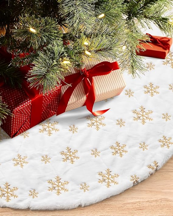 COOLWUFAN 36 Inches Faux Fur Christmas Tree Skirt, Gold Sequin Snowflake