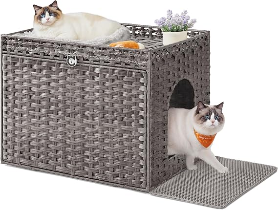 Feandrea Cat Litter Box Enclosure, Handwoven Rattan Hidden Furniture | Extra Litter Mat, Removable Washable Tray, Boho Cat House, End Table, Dove Gray UPCL014G01