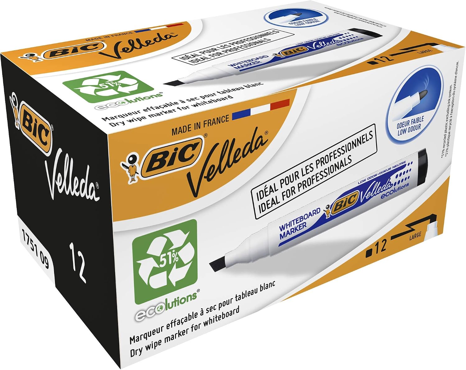 BIC Velleda 1751 Eco Cut-Ended Whiteboard Pen, Black, Box of 12, 5.5mm Thick Tip with 3.7mm, Dry Erasable Ink