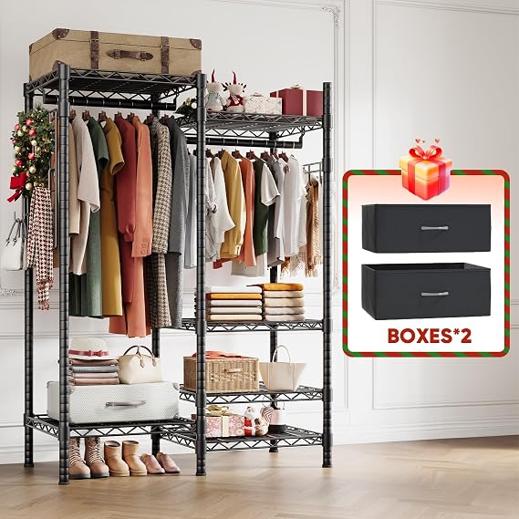 HOKEEPER Clothes Rack Heavy Duty Clothing Rack for Hanging Clothes Loads 1200LBS, Portable Closets Adjustable Garment Rack with Detachable Drawers, Side Mesh Board and Hooks 46.3"Wx16.9"Dx76.2"H Black